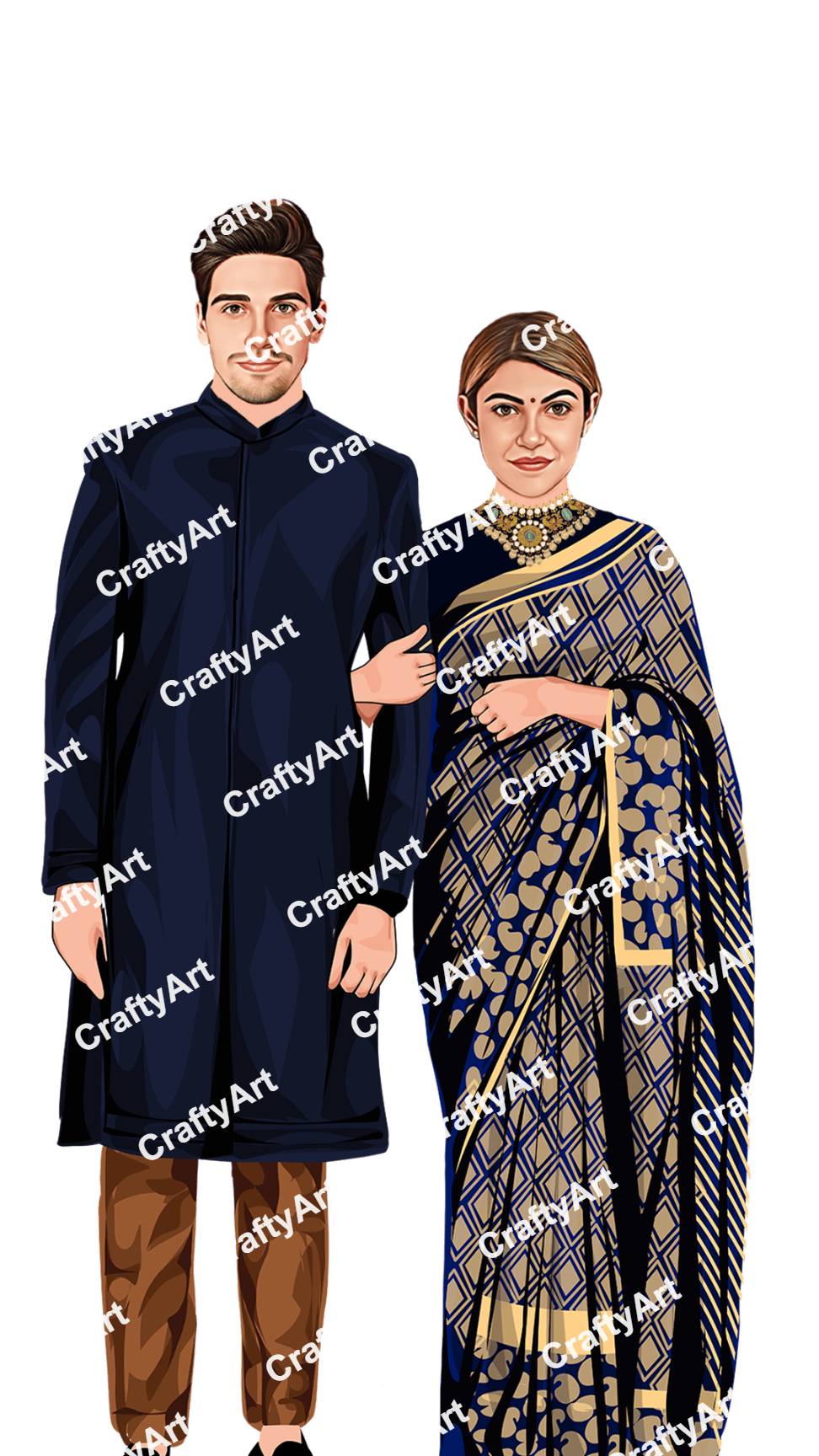 Couple Caricature in Blue Kurta and Saree for Jal Ceremony