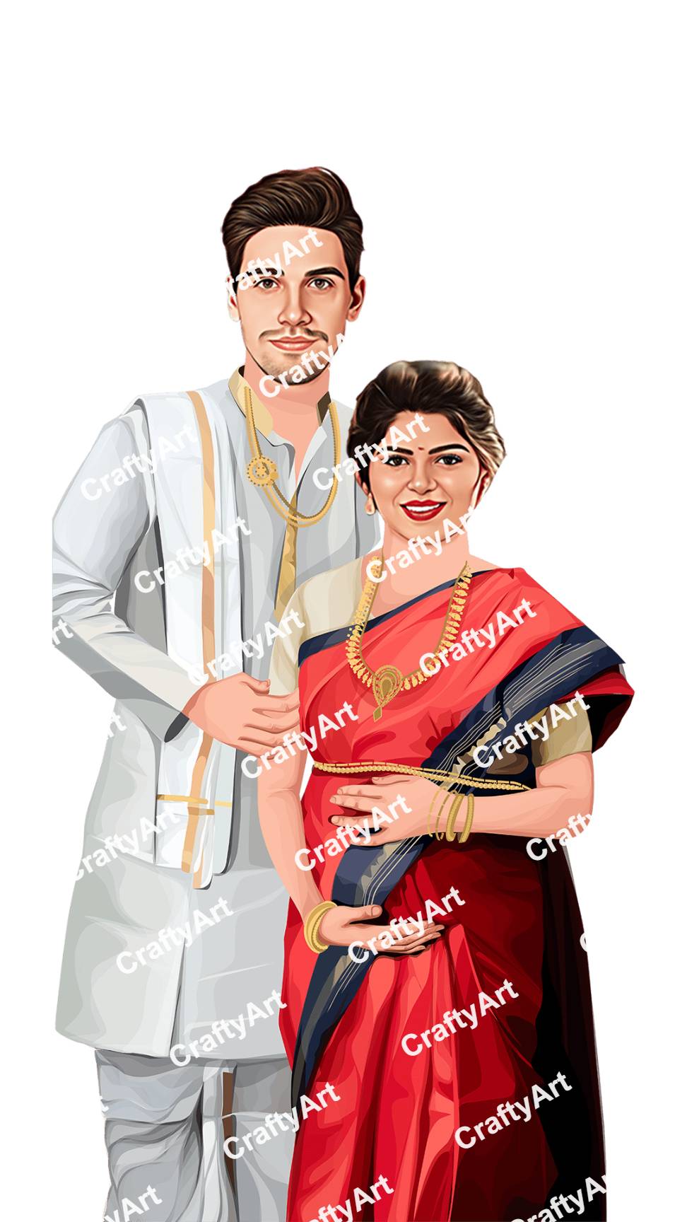 South Indian Baby Shower Caricature In Traditional Dress