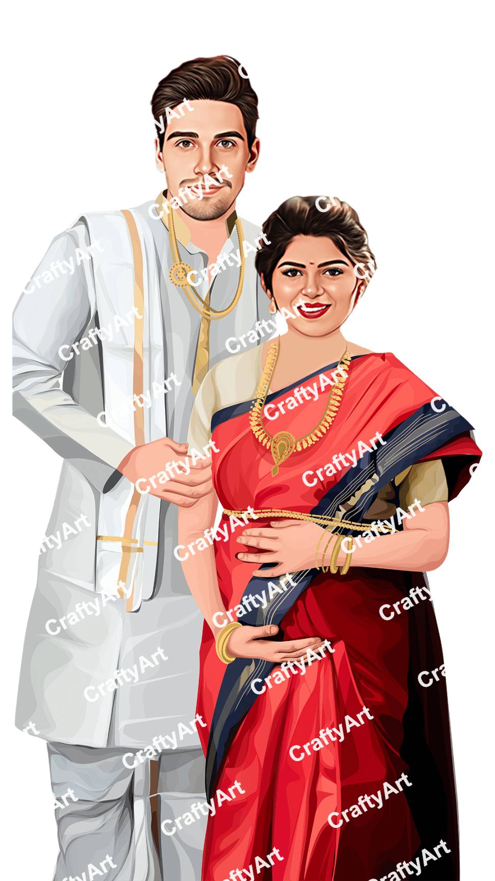 South Indian Baby Shower Caricature In Traditional Dress