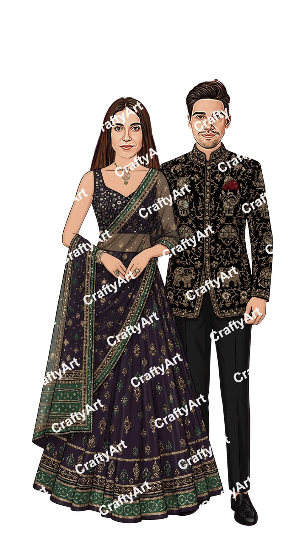 Front Pose Engagement Couple Caricature Design