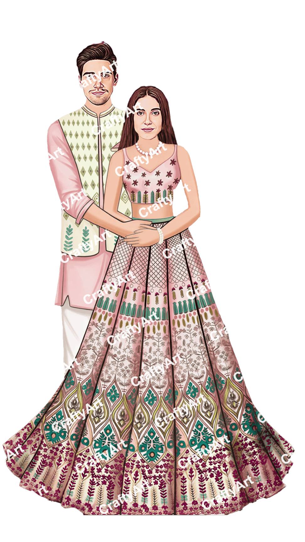 Engagement Caricature Template Featuring Soft Ethnic Fashion