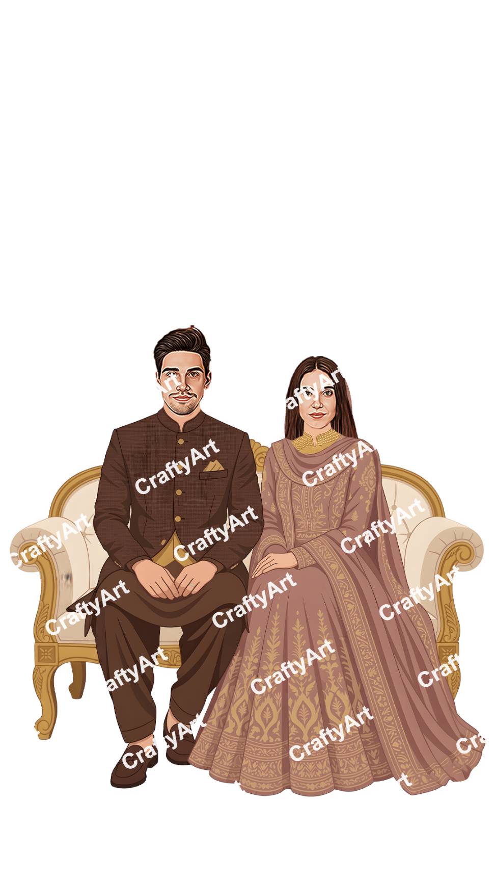 Modern Islamic Couple Engagement Caricature Style