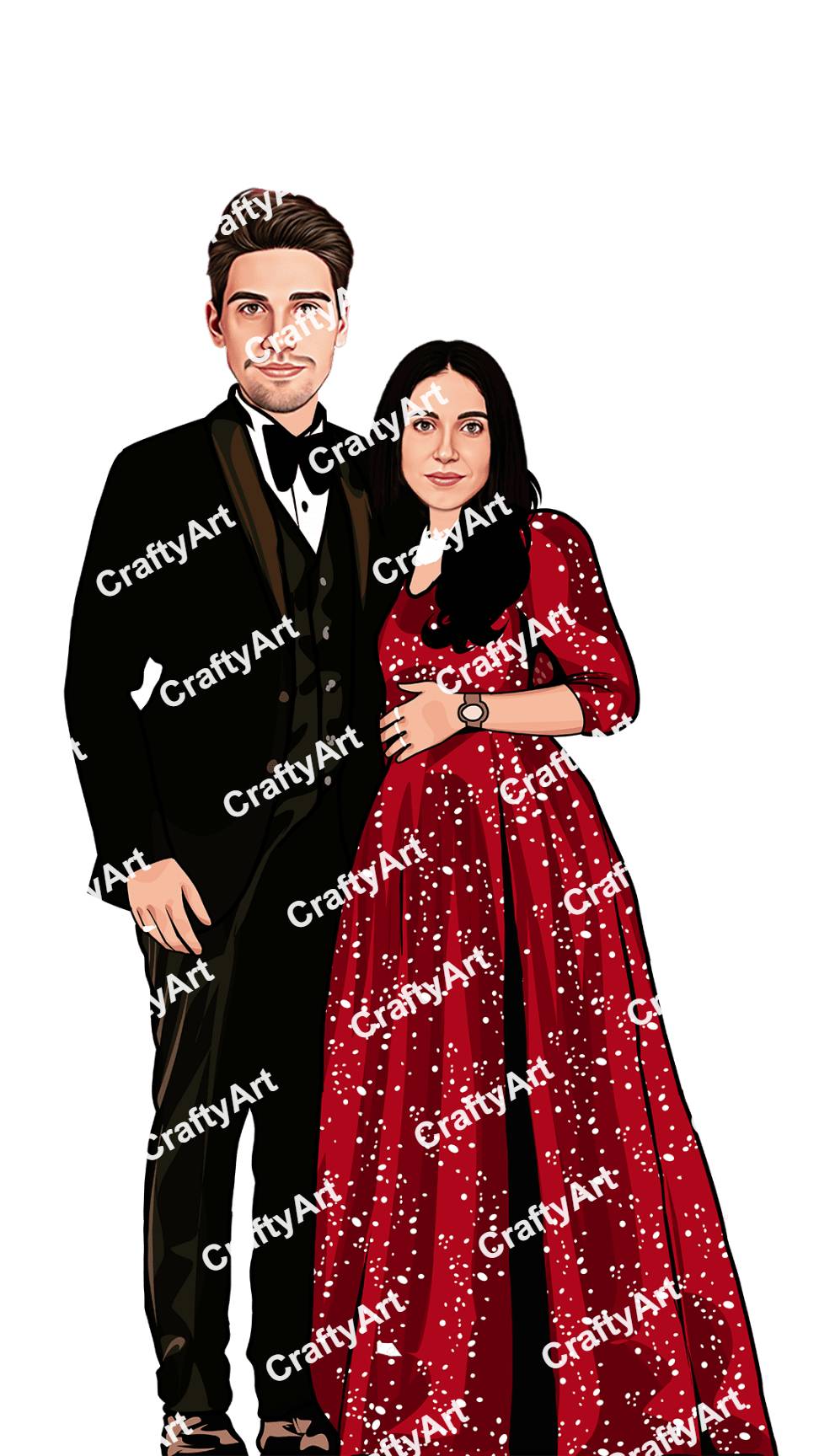 Elegant Couple Caricature in Black and Red Outfit for Sangeet