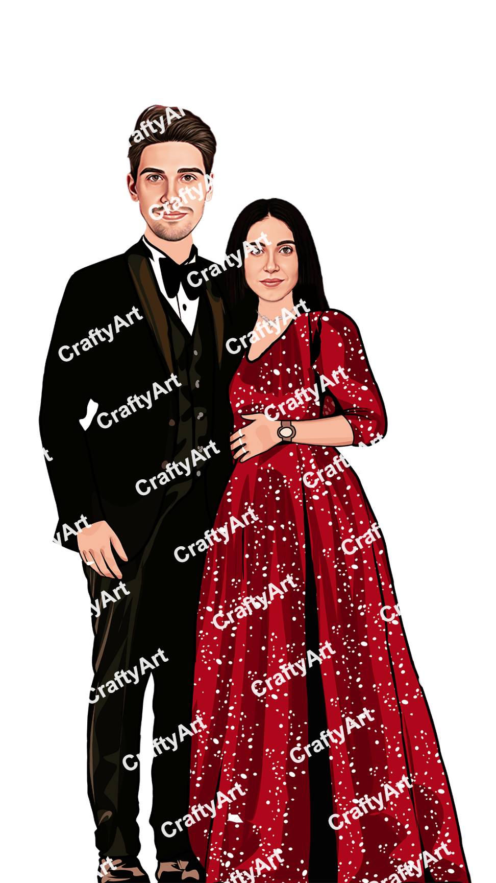 Elegant Couple Caricature in Black and Red Outfit for Sangeet
