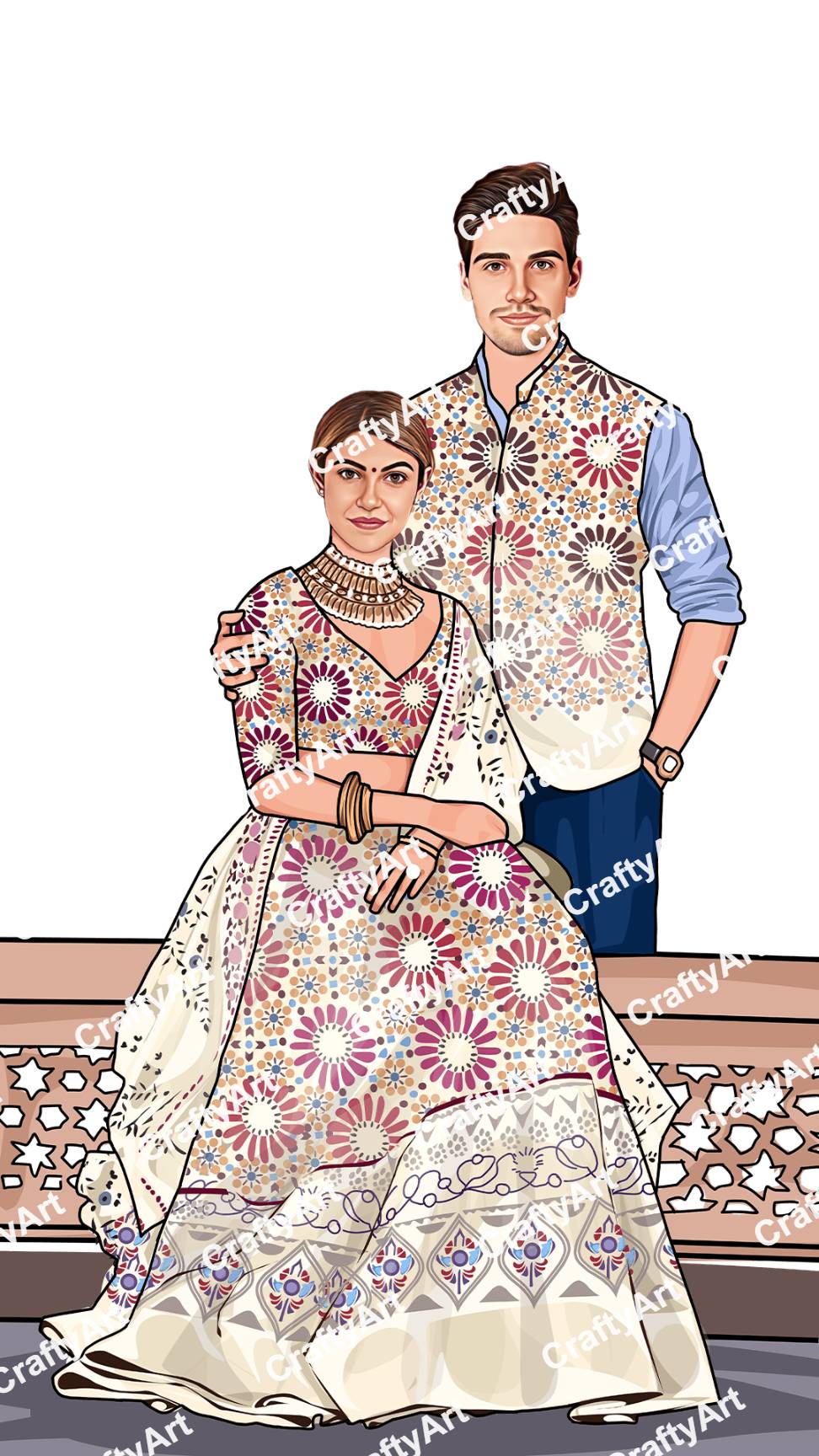 Colorful Engagement Caricature Art with Traditional Attire