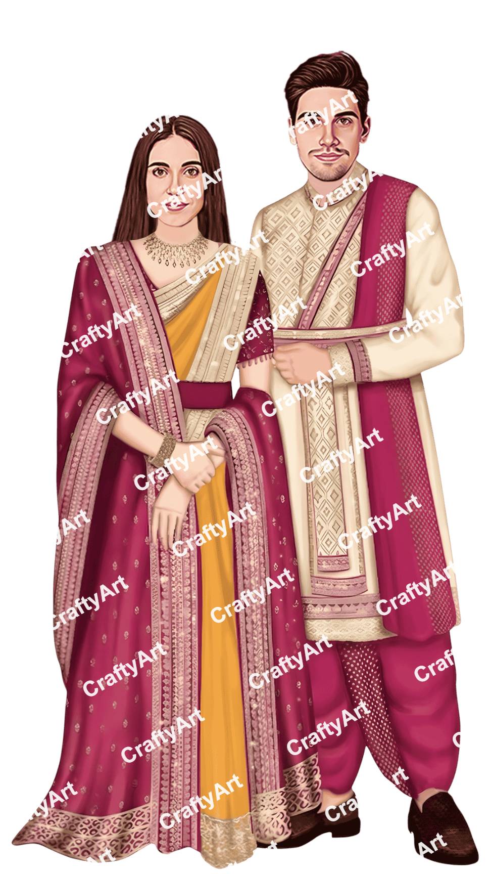 Maharashtrian Couple Caricature in Royal Pink Style