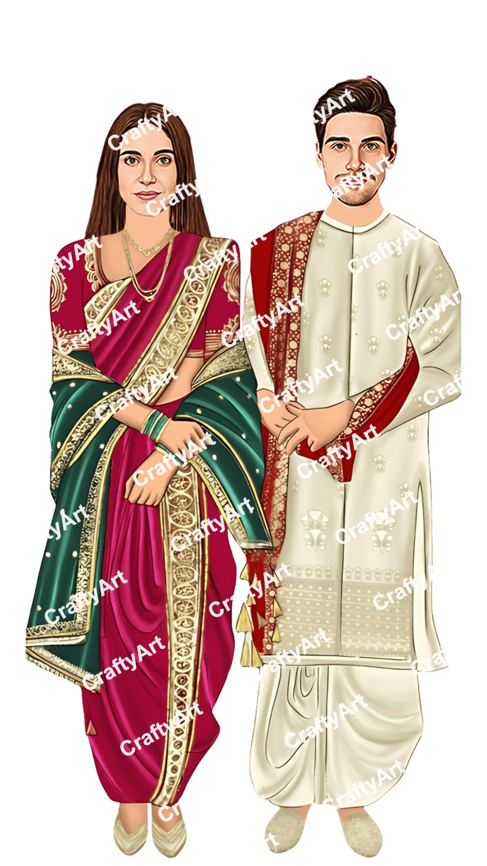 Graceful Maharashtrian Wedding Caricature in Festive Look