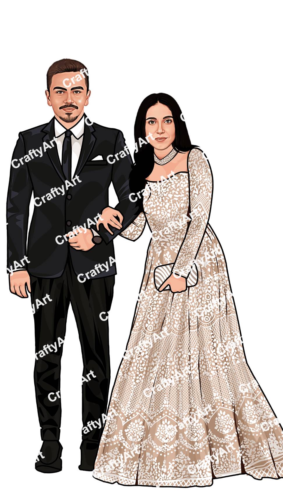 Engagement Caricature of Couple in Black and Beige Outfit
