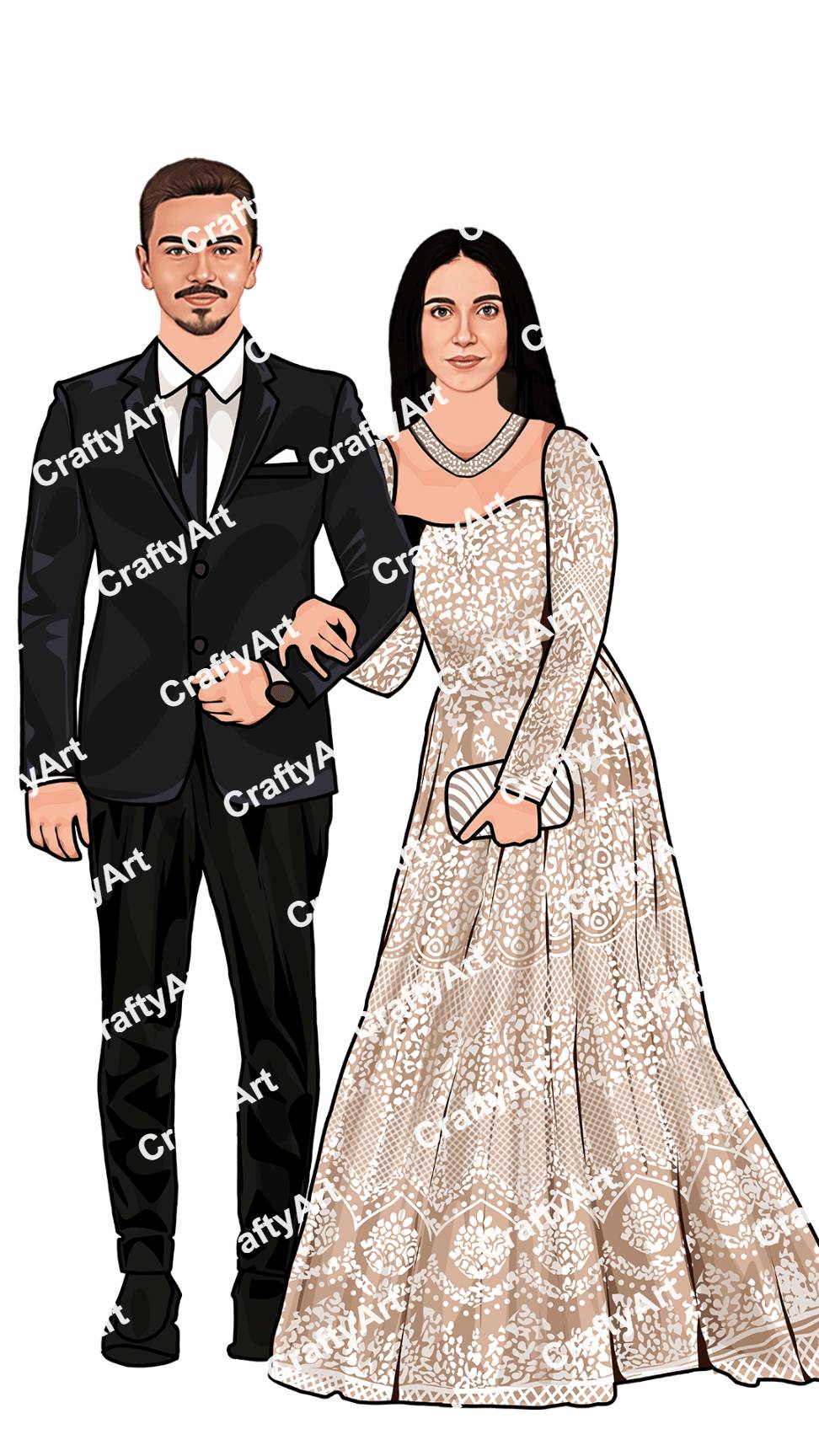 Engagement Caricature of Couple in Black and Beige Outfit