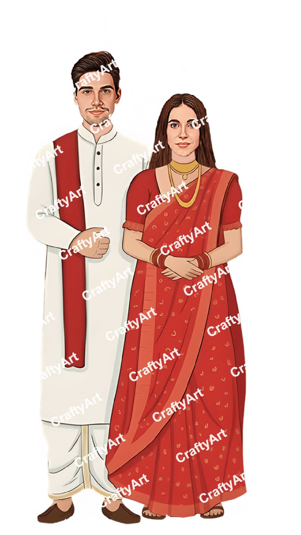 Red and White Bengali Wedding Caricature Couple Design