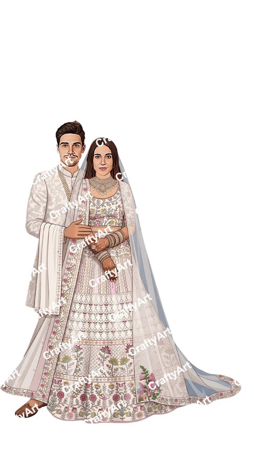 Elegant Embroidered Wedding Lehenga Couple Illustration