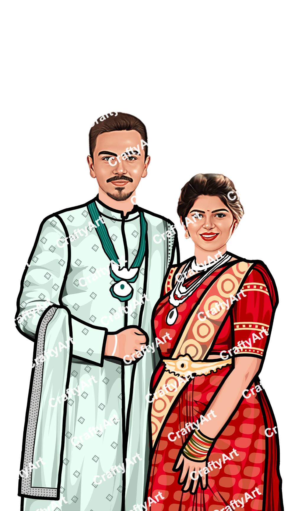 Red Bride and Light Green Groom Dress Caricature for Wedding