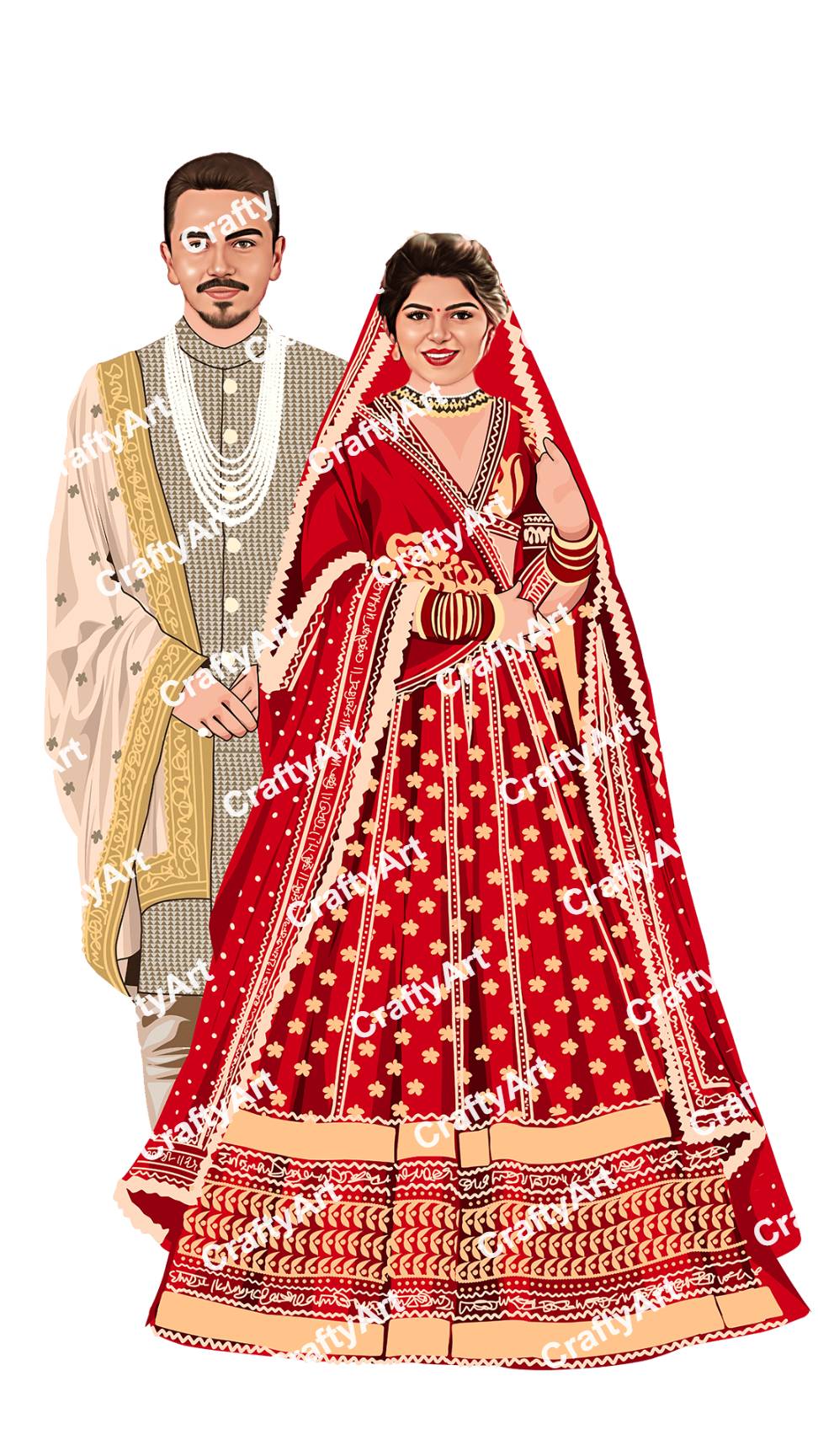Luxurious Indian Bride and Groom Wedding Caricature