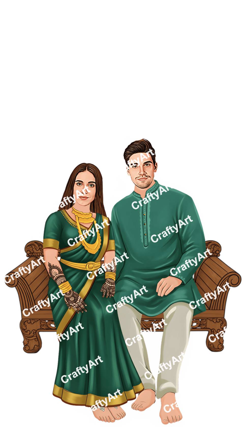 Mehendi Couple Caricature with Graceful Indian Wedding Look