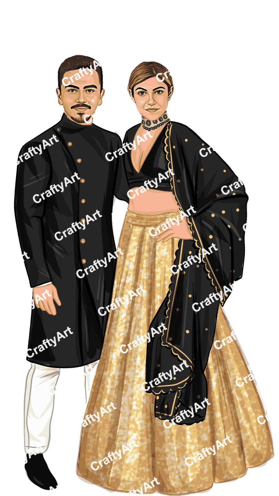 Royal Black and Gold Caricature for Sangeet Function