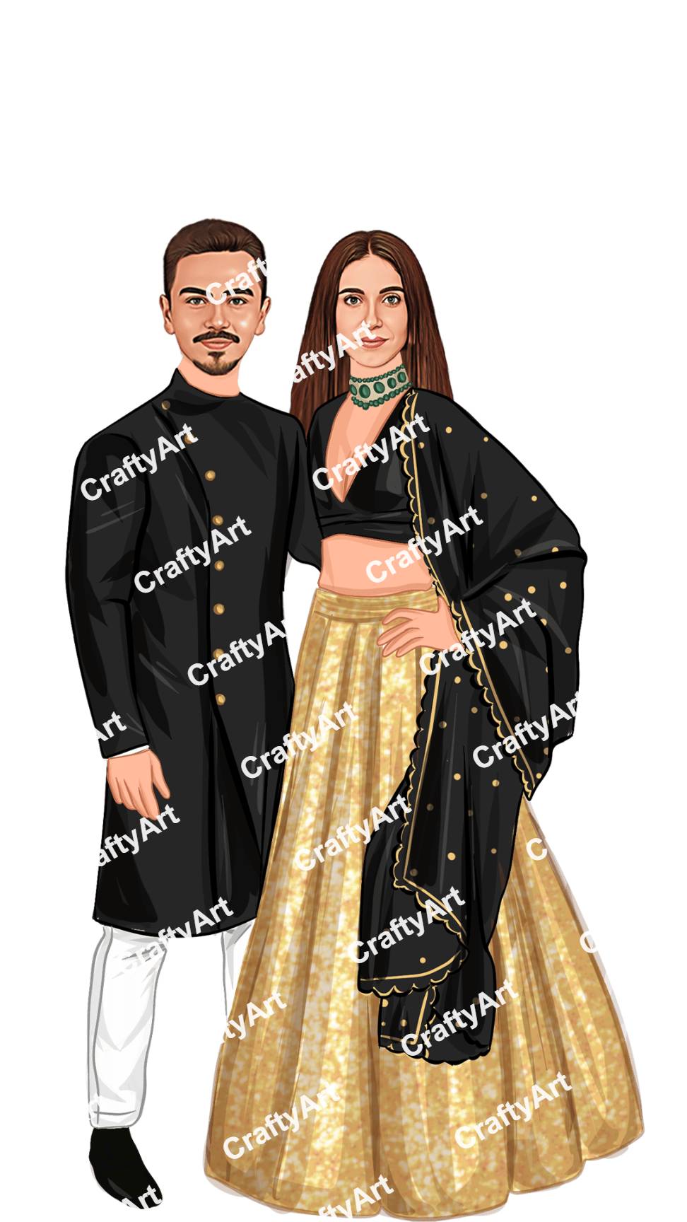 Royal Black and Gold Caricature for Sangeet Function