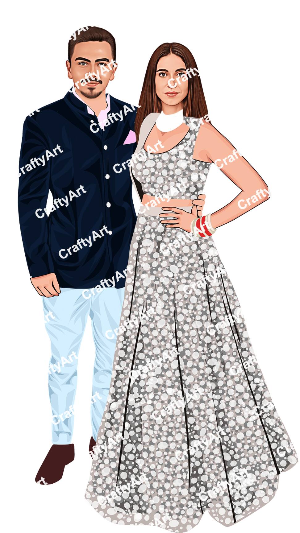 Stylish Bride and Groom Caricature in Modern Outfits