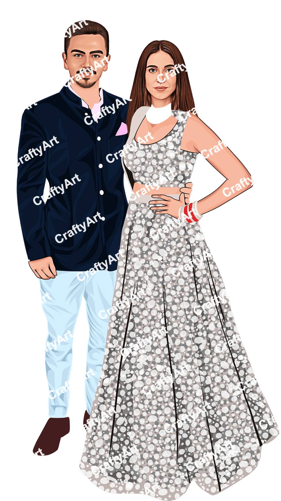 Stylish Bride and Groom Caricature in Modern Outfits