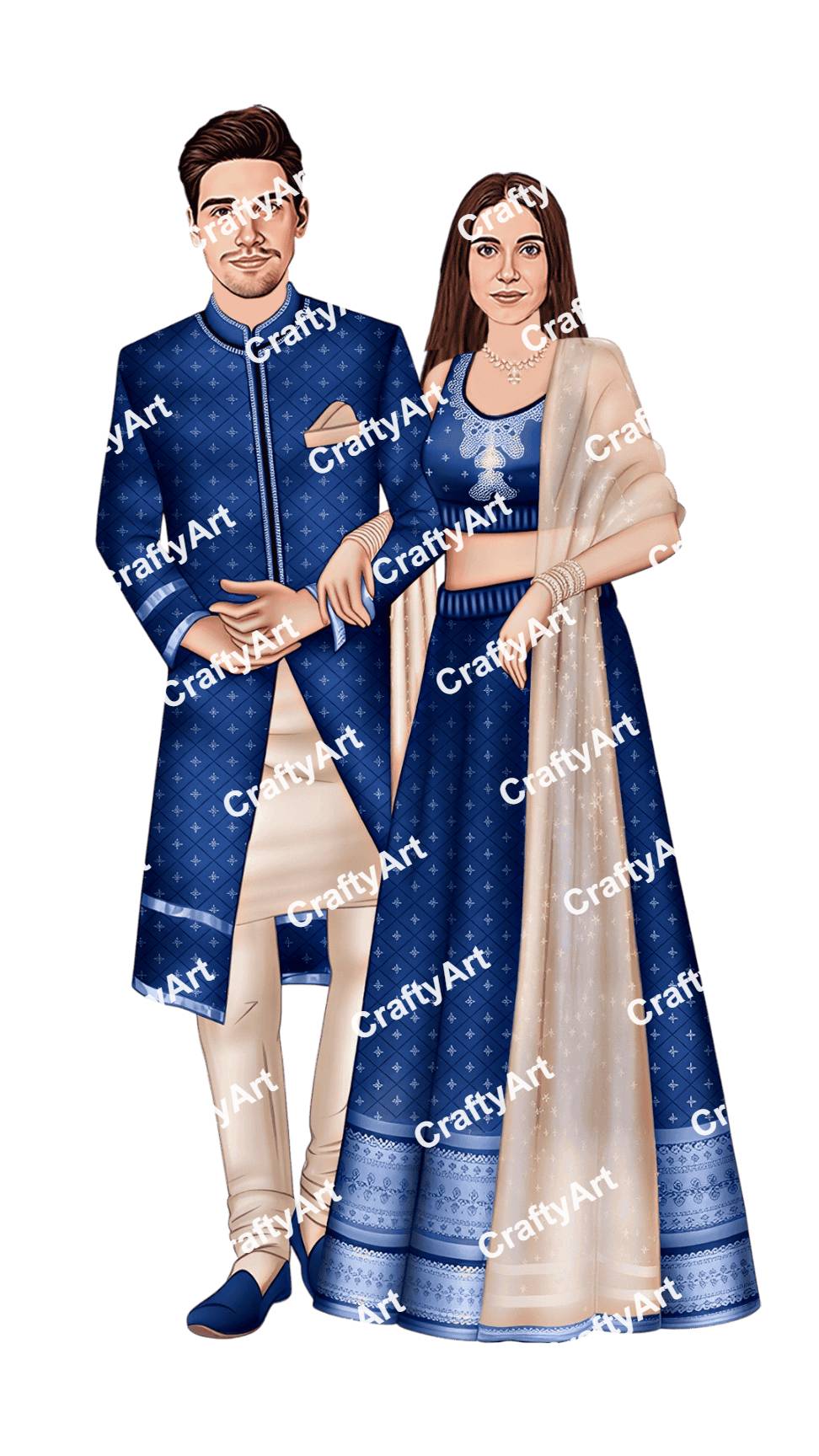 Blue Engagement Couple Caricature in Royal Traditional Look