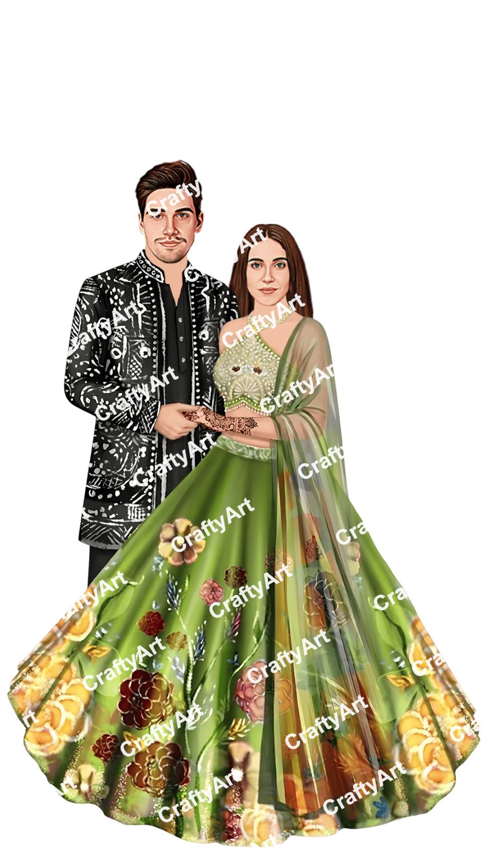 Royal Sangeet Couple Caricature with Floral Wear