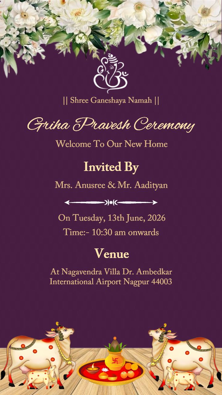 Griha Pravesh Ceremony Card With Traditional Theme