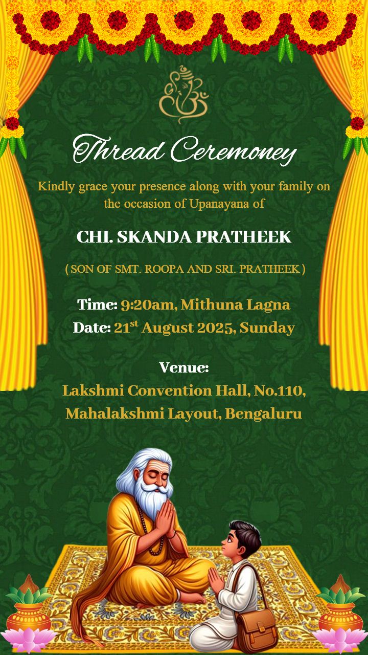 Thread ceremony invitation with guru and student theme