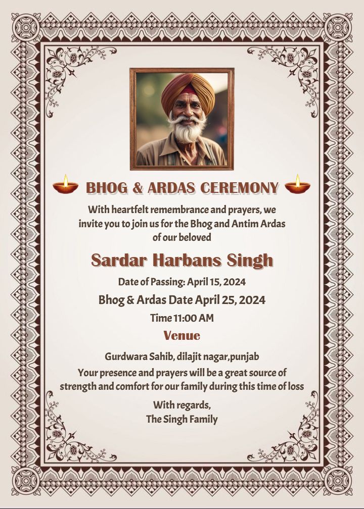 Bhog And Antim Ardas Invitation Card In English With Frame