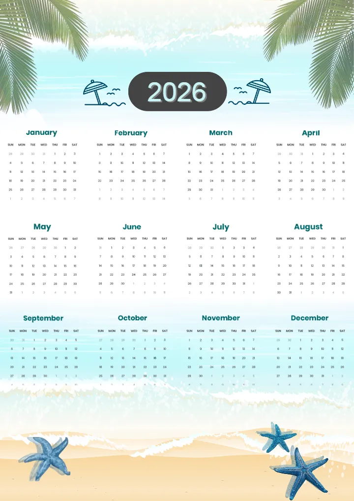 Calendar photo design for 2026 tropical beach theme