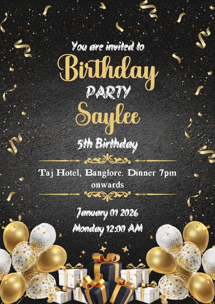 Golden Sparkle 5th Birthday Invitation Card for Girls