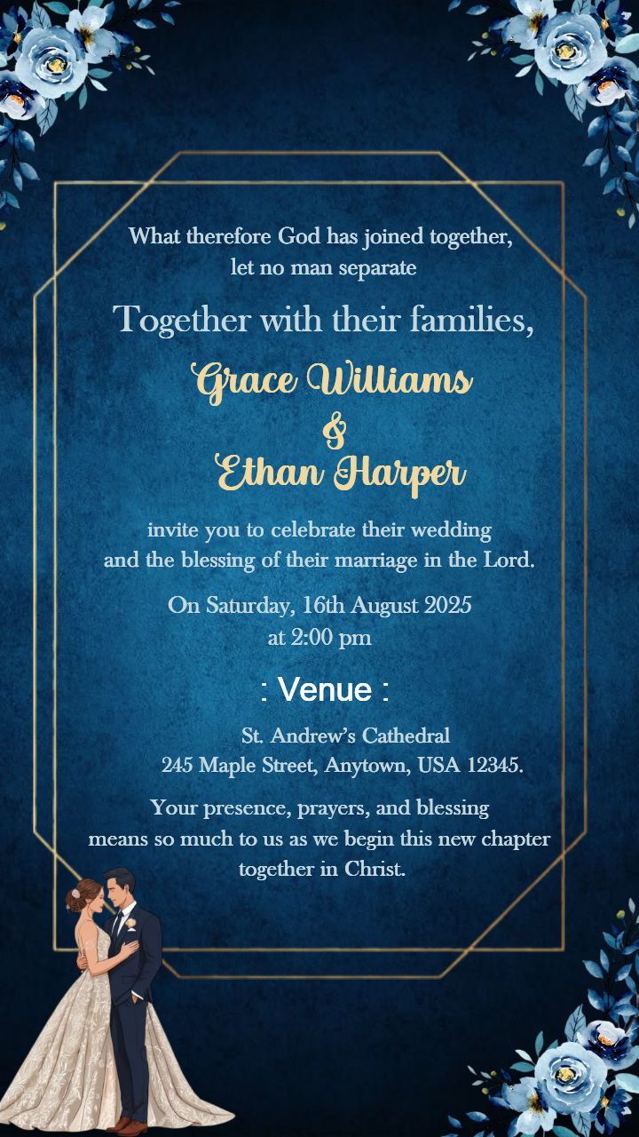 Royal blue christian wedding invitation with couple