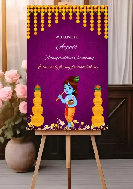 Vibrant Annaprashan Standee with Lord Krishna Art