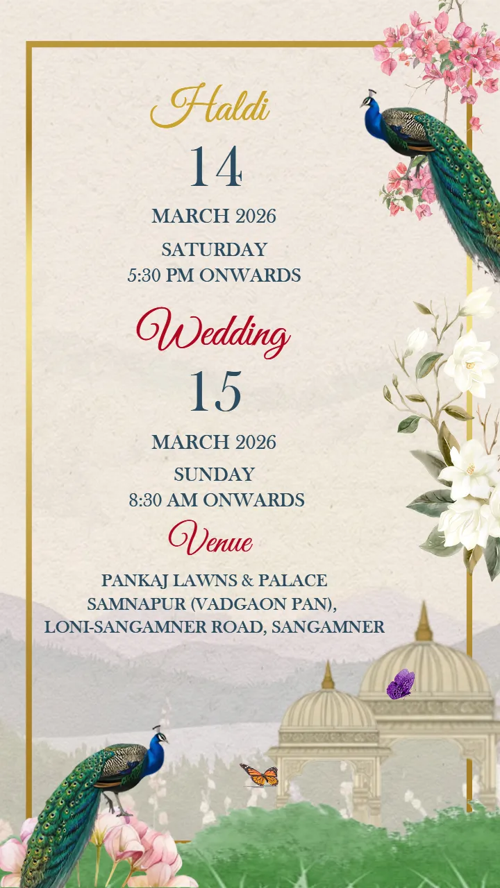 Wedding Invitation Video Floral Peacock Theme
