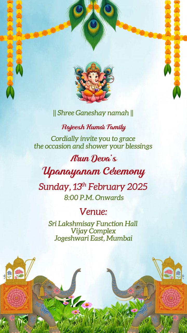 Upanayanam ceremony invitation video with floral art