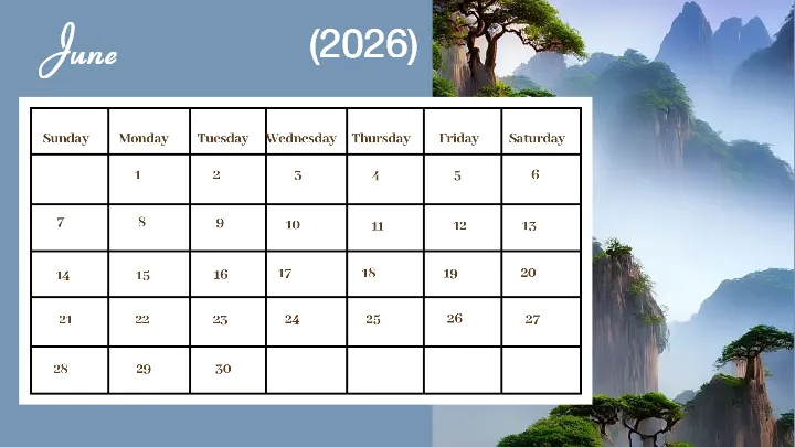 Calendar templates for 2026 mountain sunrise theme