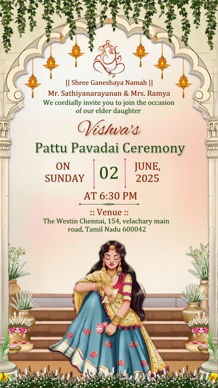 Traditional Invitation Card for Pattu Pavadai Ceremony