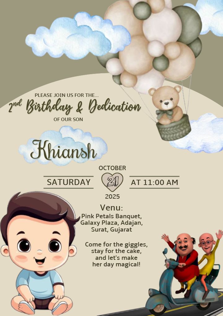 Adorable Teddy Balloon 2nd Birthday Invite Card for Boys