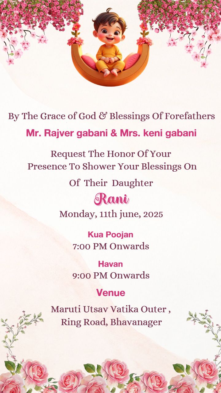Kua Pujan Invitation Card For Baby Girl With Rose Theme