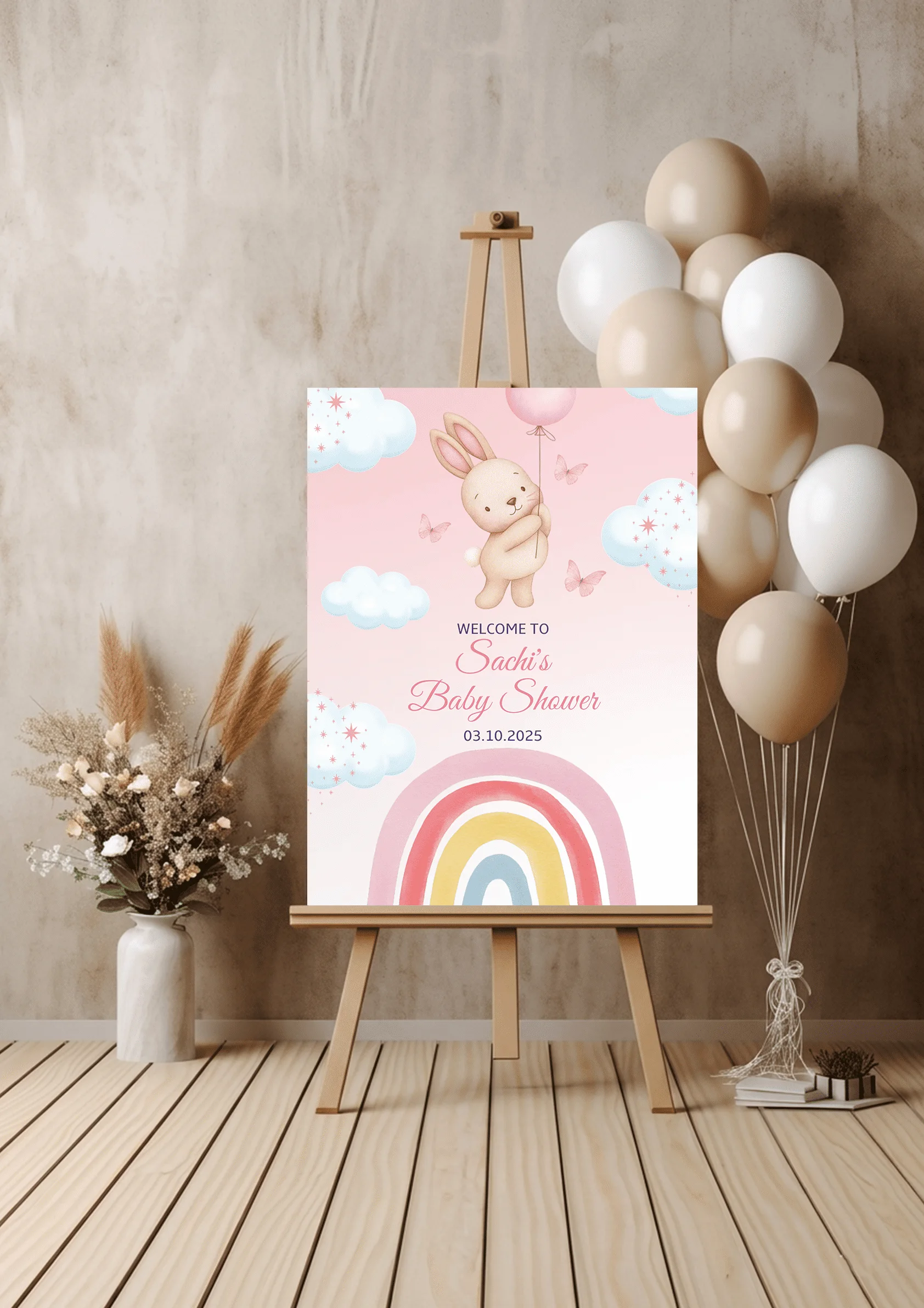 Welcome Board for Baby Shower with Bunny and Rainbow Theme