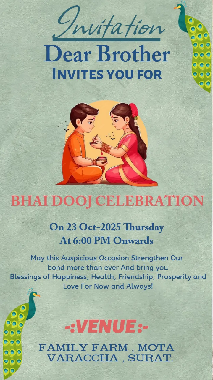 Stylish Bhai Dooj Invitation Template with Peacock Theme