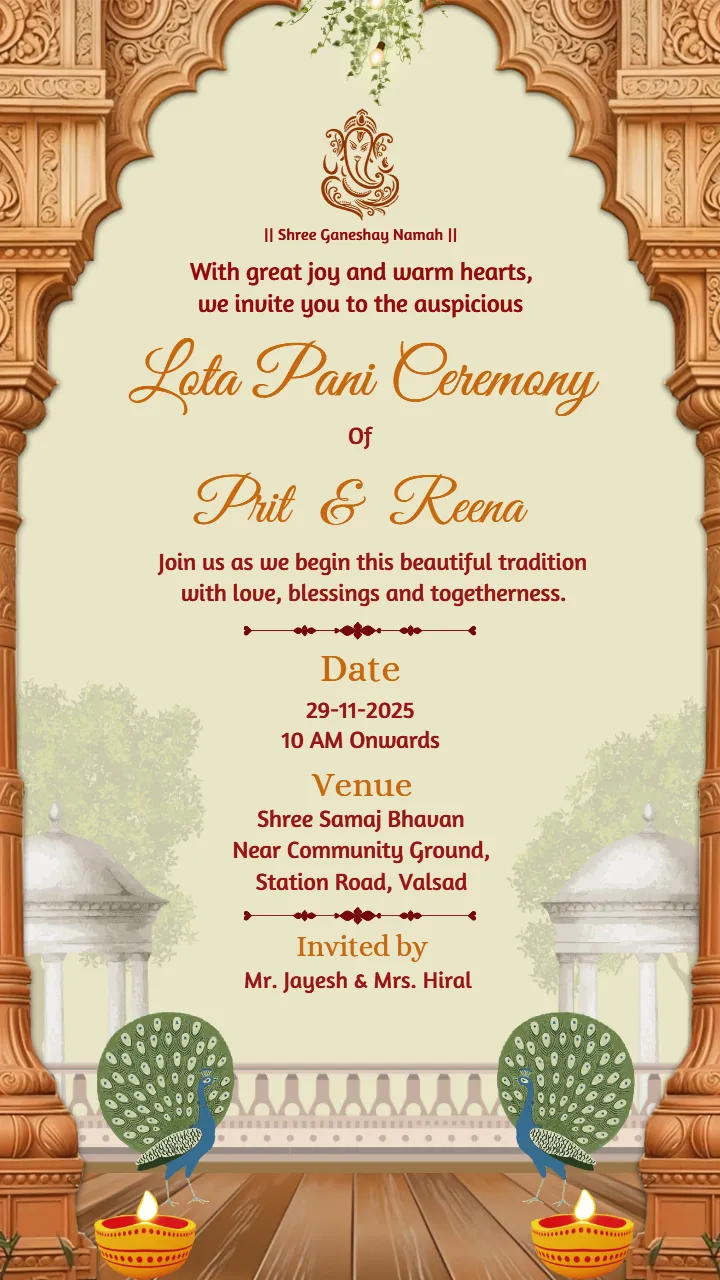 Peacock Theme Lota Pani Invitation Card Design