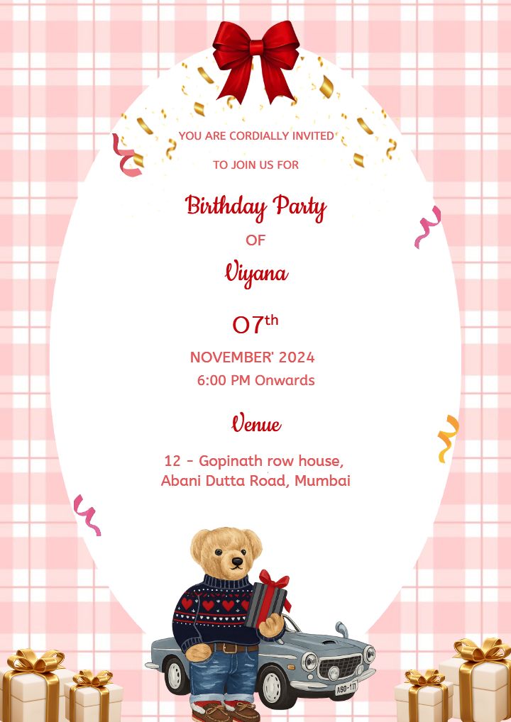 Adorable Teddy Theme Birthday Invitation Wording Card
