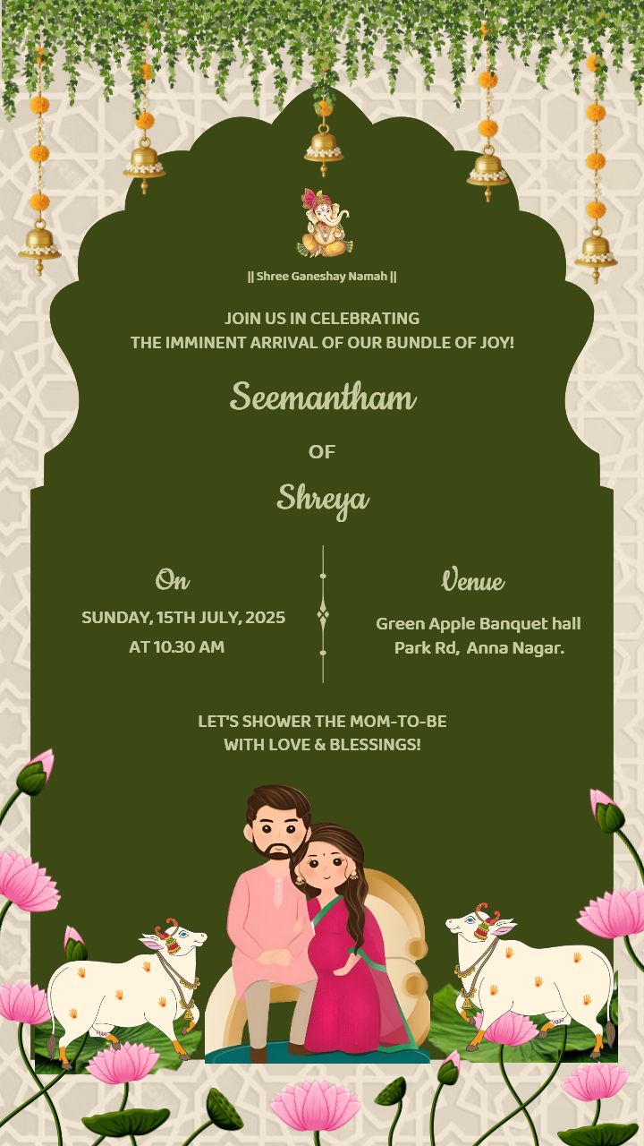 Online Seemantham Invitation Card with Couple Floral Theme