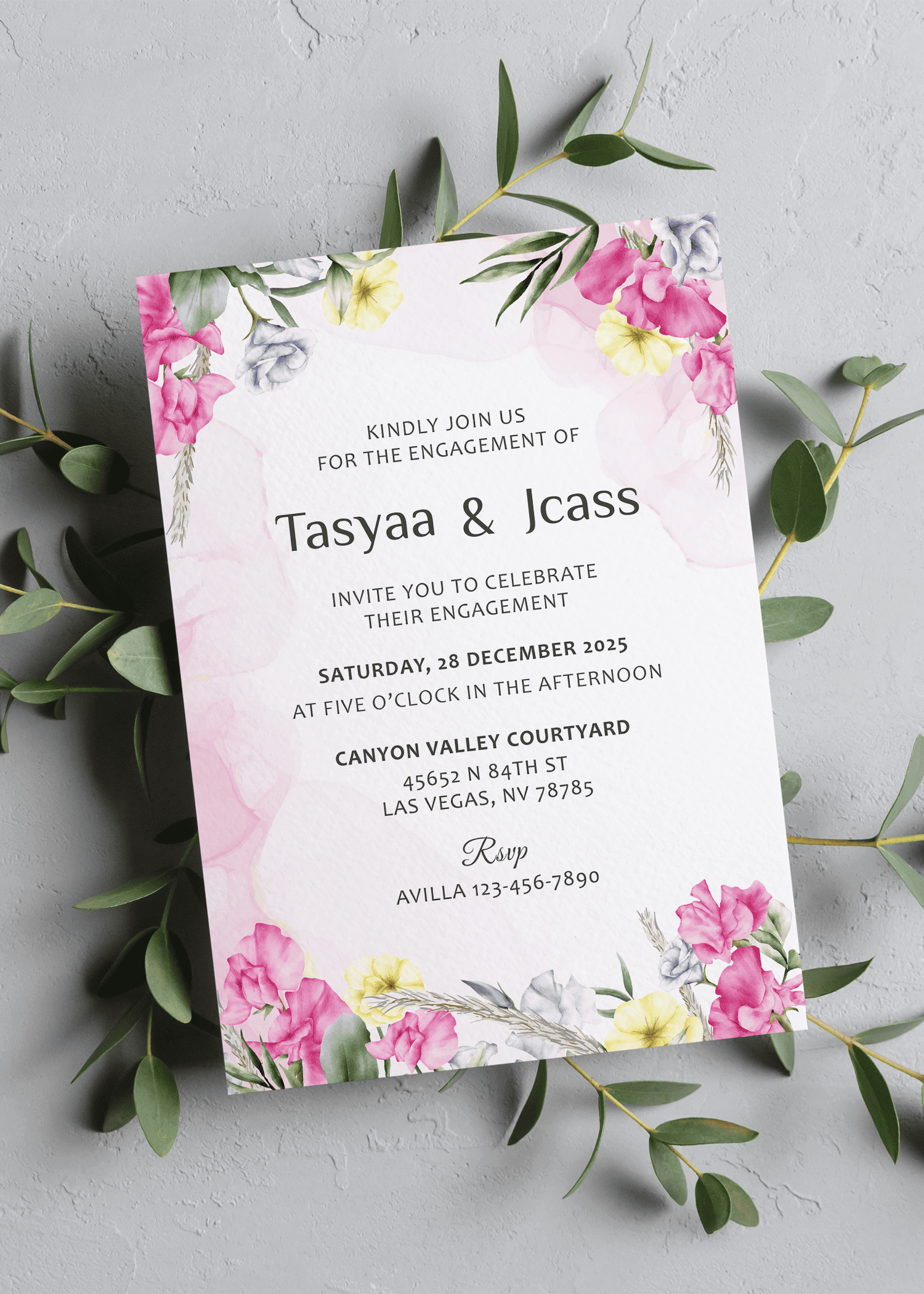 Pink And White Theme Floral Engagement Invitation Card