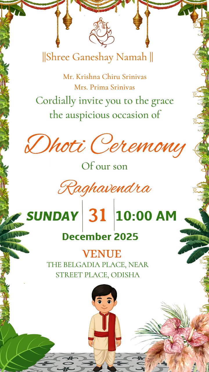 Elegant Dhoti Ceremony Invitation with Floral Decor