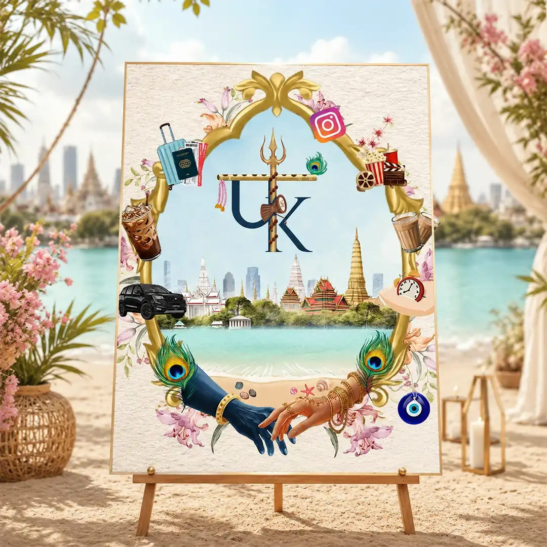 Wedding monogram featuring royal frames and cultural icons