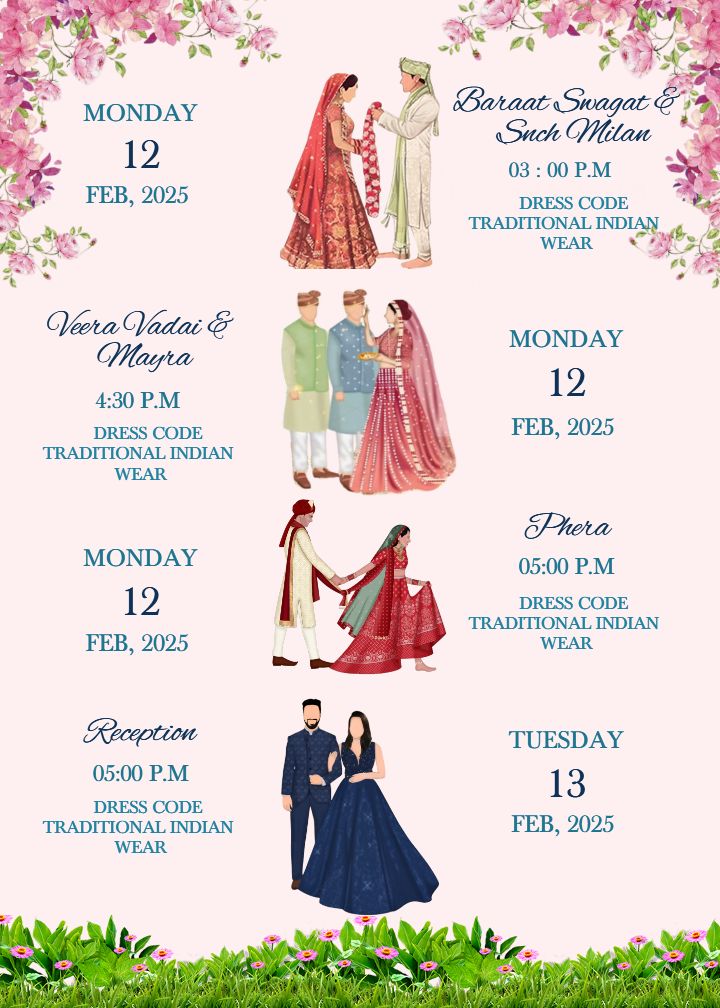 Floral Wedding Itinerary Cards with Dress Code Details
