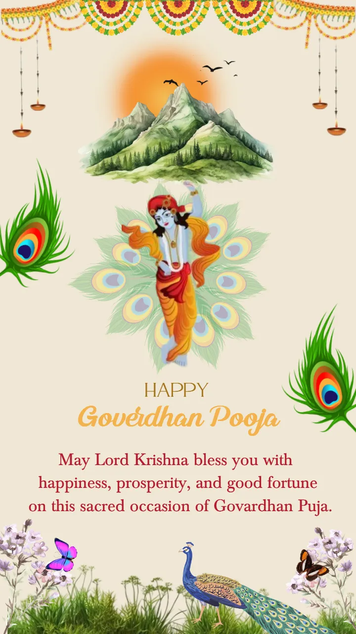 Beautiful Happy Govardhan Puja Image with Lord Krishna Theme