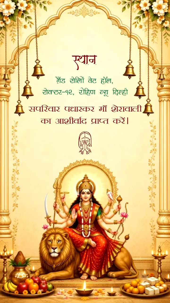 3D Mata Ki Chowki Invitation with Maa Durga and Golden Diyas