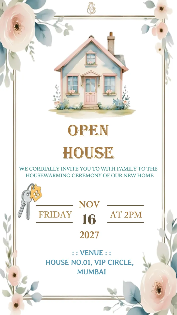 Watercolor Open House Invitation Card with Floral Border