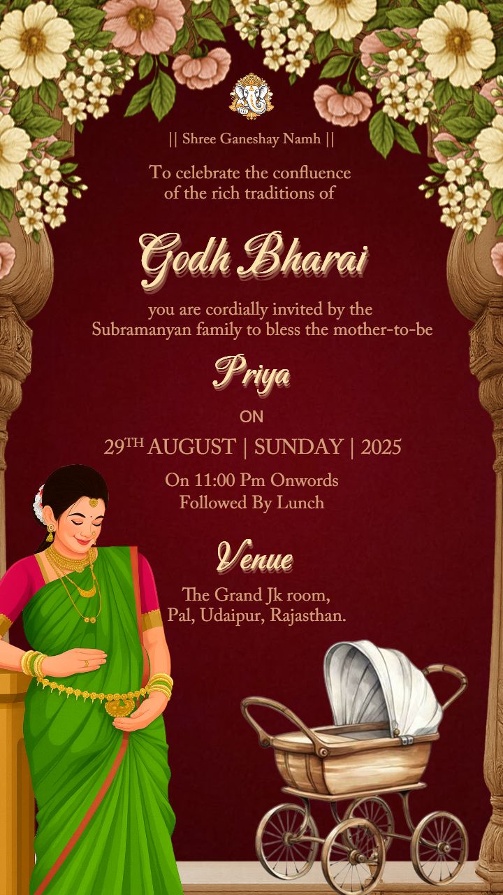 Traditional Godh Bharai Invitation Online with Floral Art